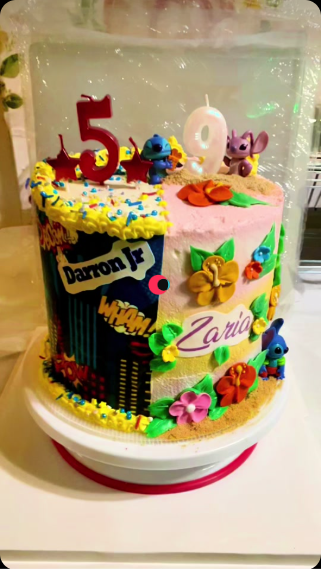 Colorful Lilo and Stitch themed 5th birthday cake with custom names