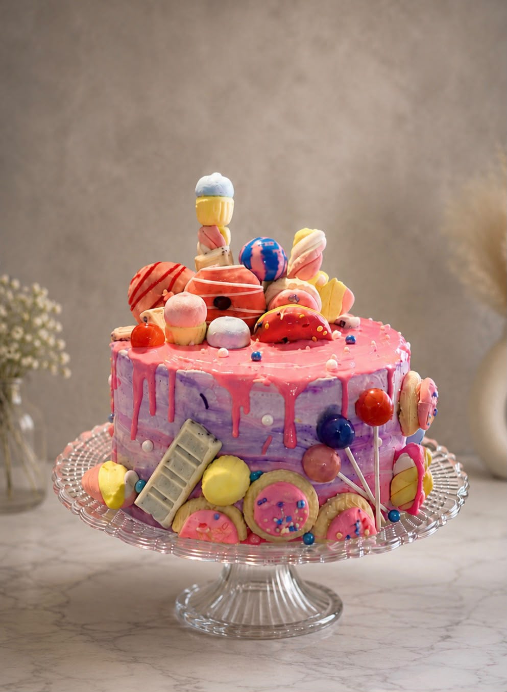 Pink and purple drip cake loaded with lollipops, gummy candy, and cookies