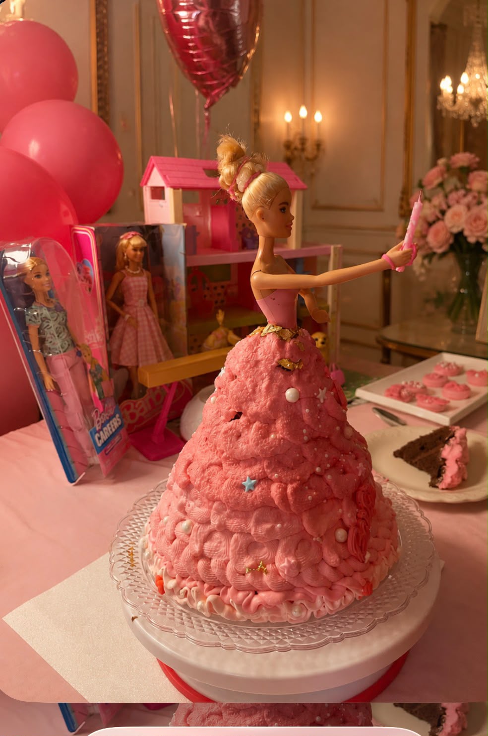 Pink ruffled buttercream Barbie dress cake with doll topper