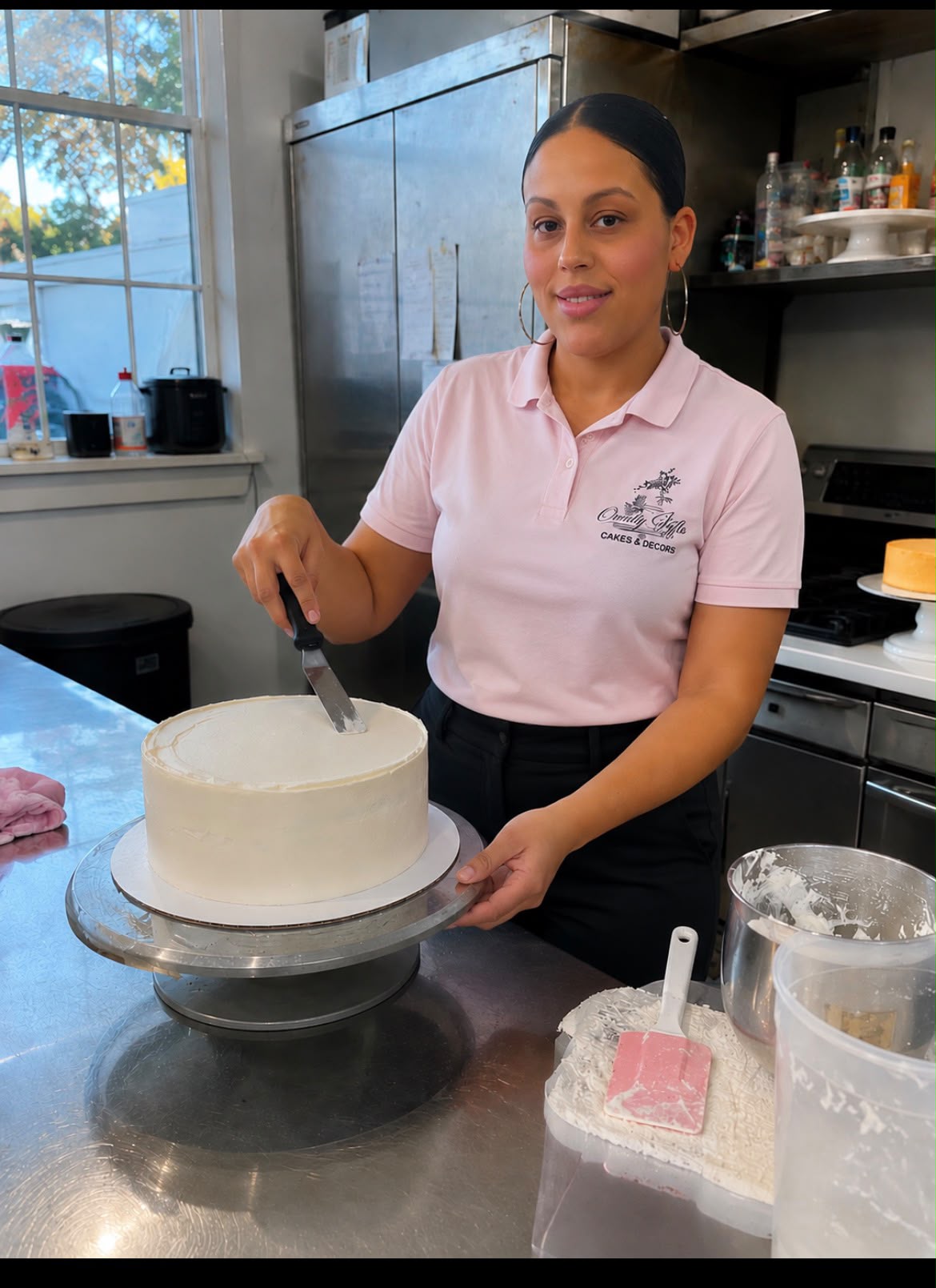 Ownly Yurs owner smoothing buttercream on a cake in the kitchen